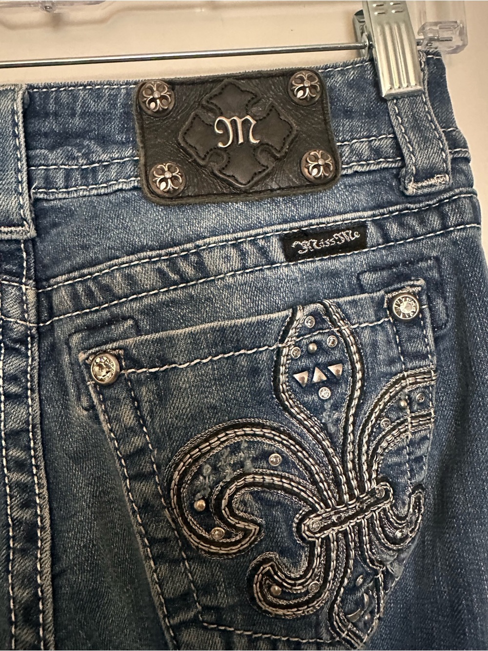 Miss Me Blue Embellished Boot Cut Jeans with Fleur-de-Lis Detail